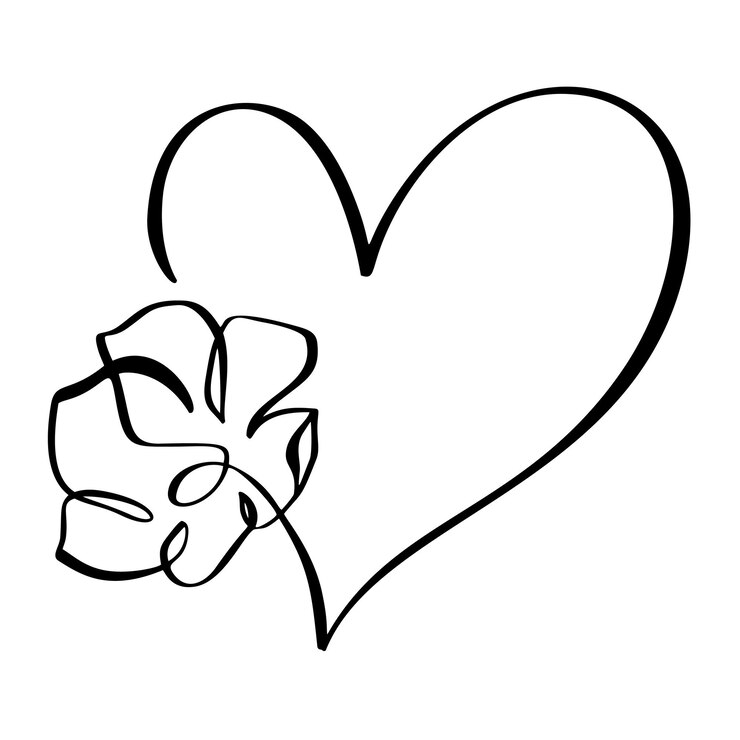 Vettore cuore d'amore disegnato a mano con logo vettoriale a fiori illustrazione di una linea artistica elemento di contorno nero