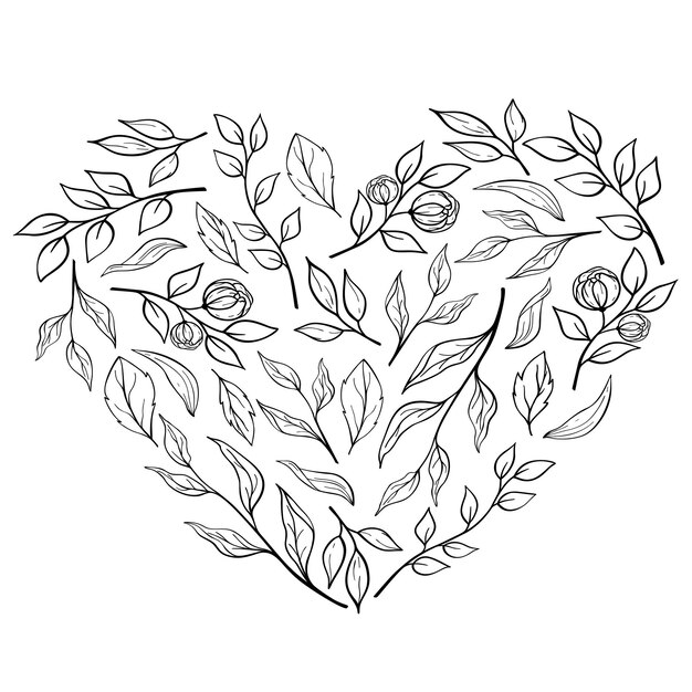 Cuore disegnato a mano delle foglie. Ornamento romantico floreale decorativo di primavera. Illustrazione vettoriale isolato su sfondo bianco