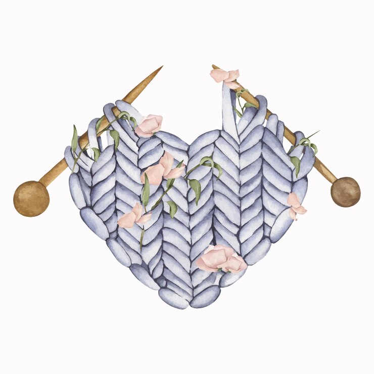 Vettore cuore in maglia acquerello e delicati fiori rosa