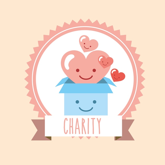 cuore kawaii e scatola di cartone donano un&#39;etichetta di beneficenza