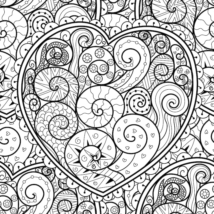 Vettore cuore ondulato doodle motivo in bianco e nero senza cuciture per libro da colorare sfondo del profilo mandala d'amore pagina da colorare creativa per adulti e bambini illustrazione vettoriale