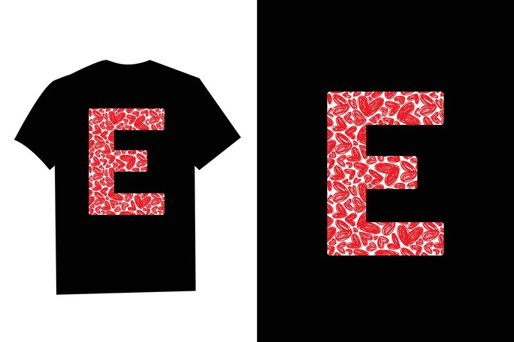 Vettore cuore rosso giorno di san valentino iniziale monogramma lettera e t-shirt