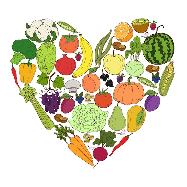Cuore vegetale. Fattoria biologica Elementi di stile di vita sano. Sano disegno a mano verdure colorate, frutta, bacche, noci, funghi