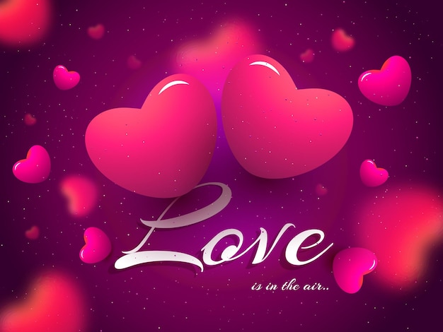 Cuori rosa luccicanti decorati su uno sfondo viola sfocato con lettere eleganti di Love Is In The Air possono essere utilizzati come biglietti di auguri per il Giorno di San Valentino