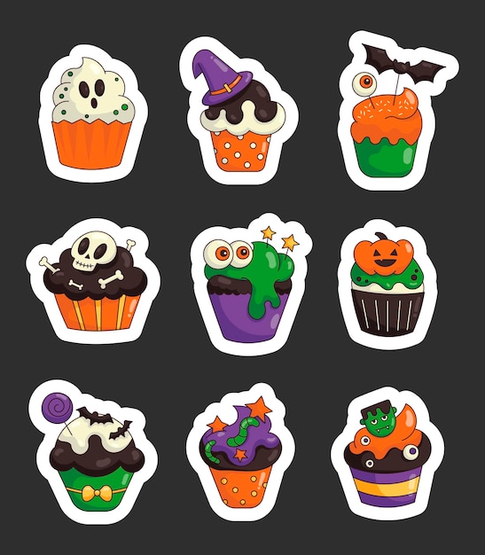 Cupcake vacanza di Halloween adesivo segnalibro dolci confezioni disegno vettoriale