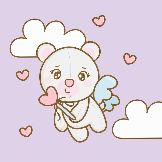 Cupido dell'orsacchiotto del fumetto che vola nel cielo con le nuvole