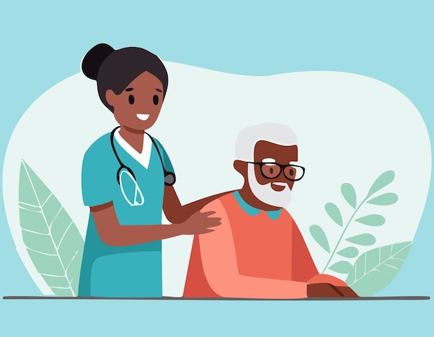 Cura compassionevole Una giovane infermiera che fornisce supporto a un paziente anziano in un'illustrazione vivace