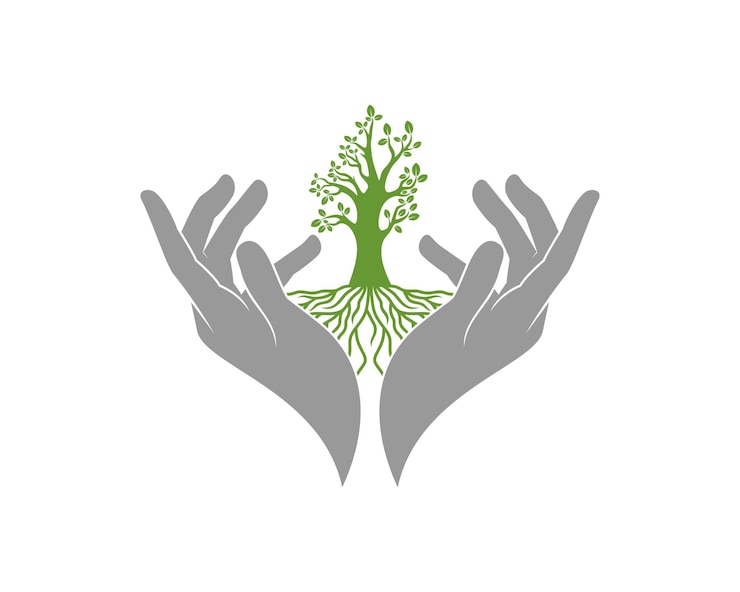 Vettore cura delle mani con illustrazione vettoriale albero denso verde