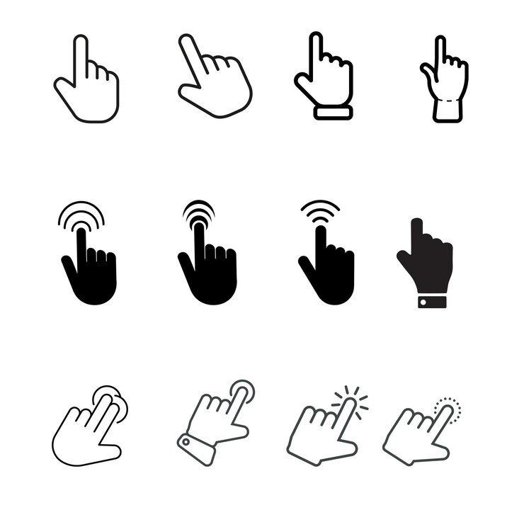 Cursore a mano Icone Cursore o puntatore Illustrazione vettoriale a clic