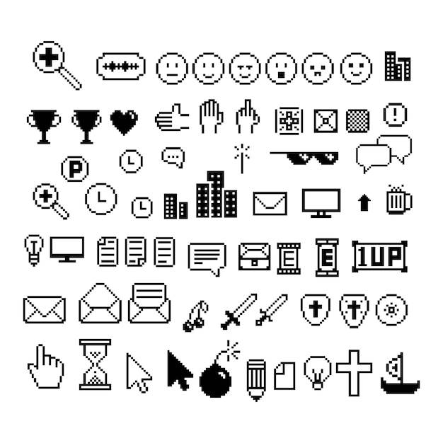Cursori pixel, clessidra, lettera, oggetti di scena, sorriso, cuore, classe. bianco e nero. Sfondo isolato vettoriale