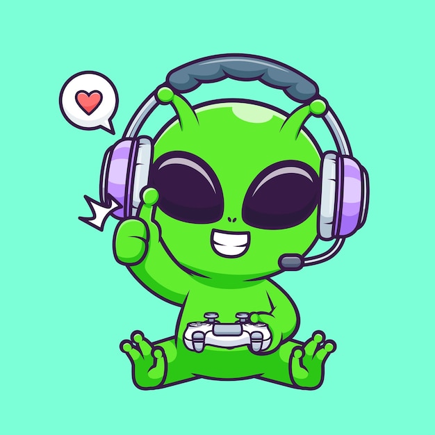 Cute Alien Gaming Cartoon Vector Icon Illustrazione Scienza Tecnologia Icon Vettore piatto isolato