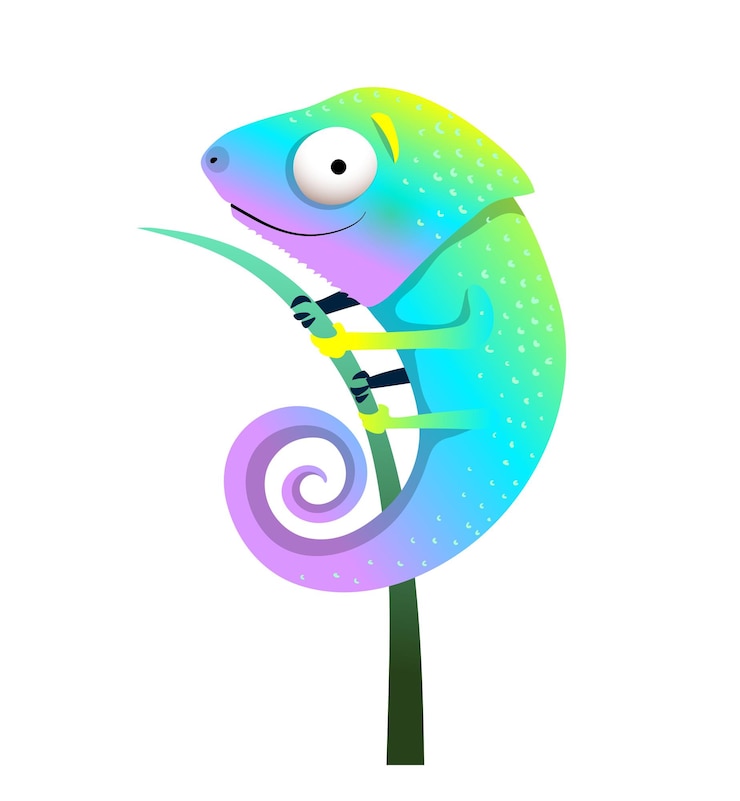 Vettore cute baby chameleon o lizard shiny neon gradient