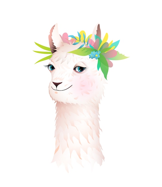 Cute baby lama o alpaca che indossa corona di fiori sulla testa. Illustrazione di carattere animale per bambini, cartone animato in stile acquerello.