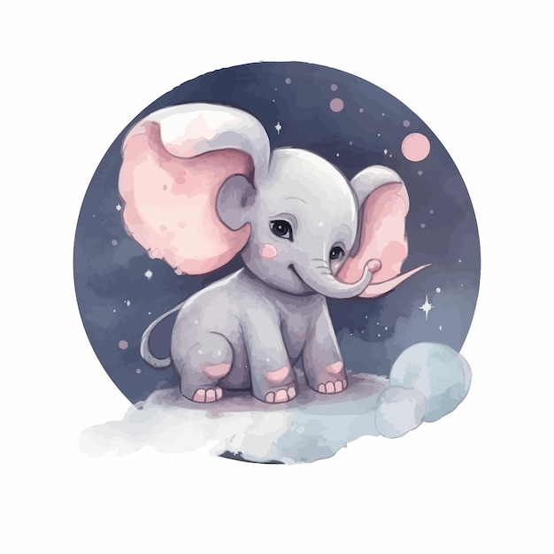 Cute cartoon kawaii baby elephant acquerello notte e luna illustrazione