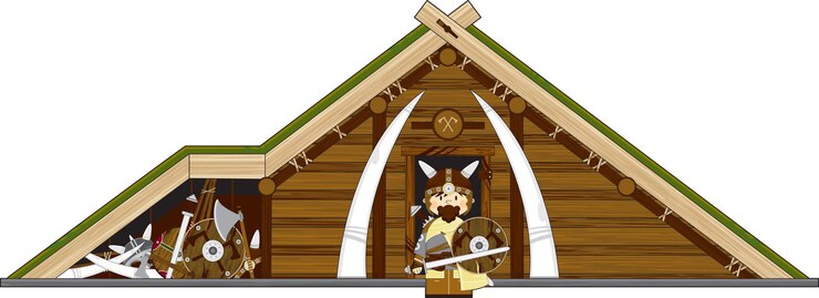Vettore  cute cartoon viking warrior with sword at homestead norse history illustration