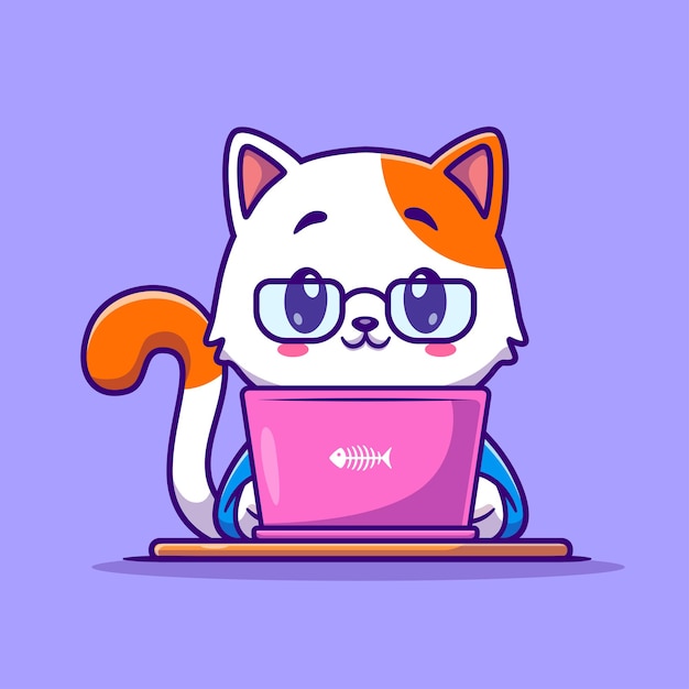 Cute Cat lavorando su laptop Cartoon icona vettore illustrazione tecnologia animale icona concetto isolato