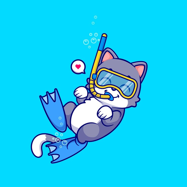 Vettore cute cat snorkeling cartoon vector icon illustration concetto di icona vacanza animale premium isolato