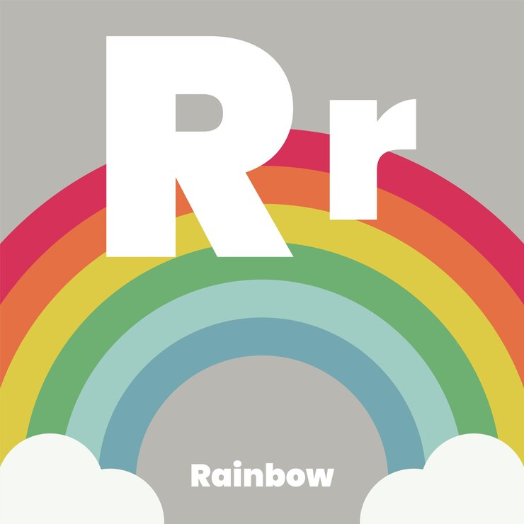 Cute children ABC alfabeto flashcard parole con la lettera R per i bambini che imparano il vocabolario inglese Rainbow Vector illustration