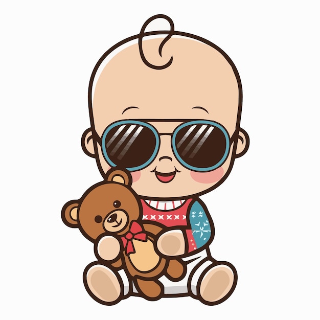 Cute Cool Baby Holding Teddy Bear Doll illustrazione vettoriale in stile cartone animato