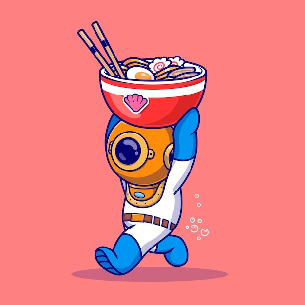 Cute Diver Bring Ramen Noodle Cartoon Vector Icon Illustration Scienza Alimentazione Vettore piatto isolato