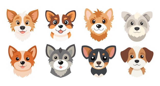 Cute facce di cani dei cartoni animati di diverse razze