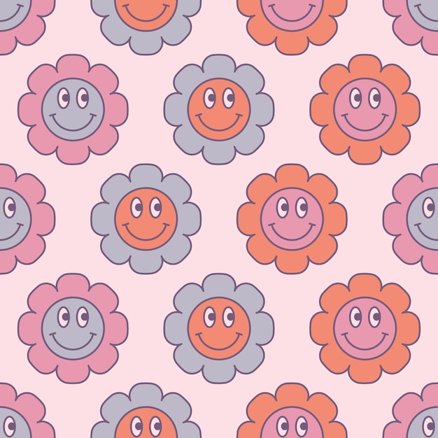 Cute flower power seamless pattern Decorativo stile minimal retrò piante sorridenti sfondo floreale