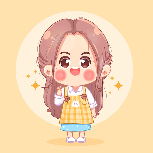 Cute Girl Cartoon Vector Illustration con il segno della mano della pace