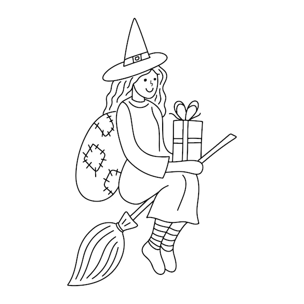 Cute Girl Witch Befana Personaggio femminile dell'Epifania di Natale tradizionale in Italia che vola sul manico di scopa