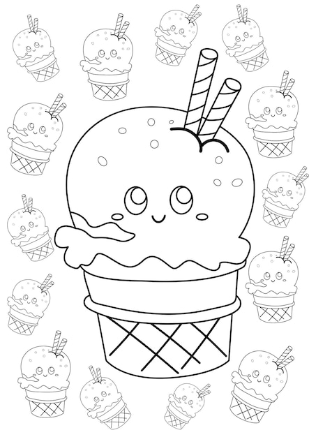 Cute Ice Cream Scoop Cup Doodle Dessert Snack Sapore da colorare per bambini e cartoni animati per adulti