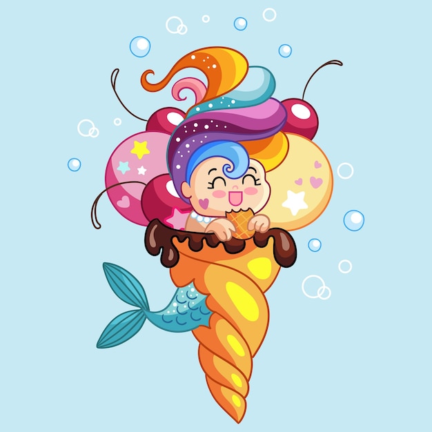 Cute kawaii sirena nell'illustrazione del fumetto di vettore del gelato