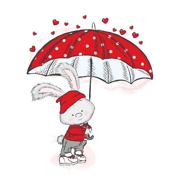 Cute lepre in vestiti e un ombrello Una pioggia di cuore Illustrazione vettoriale per biglietto di auguri