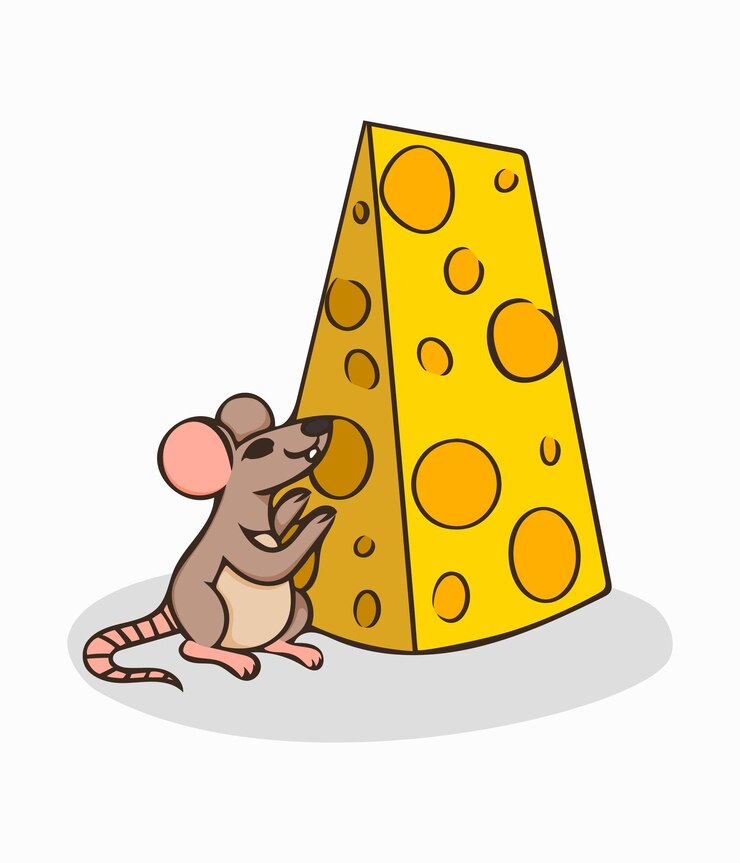 Cute little ratto in piedi accanto al pezzo di formaggio Immagine vettoriale Illustrazione per il design Elemento di design
