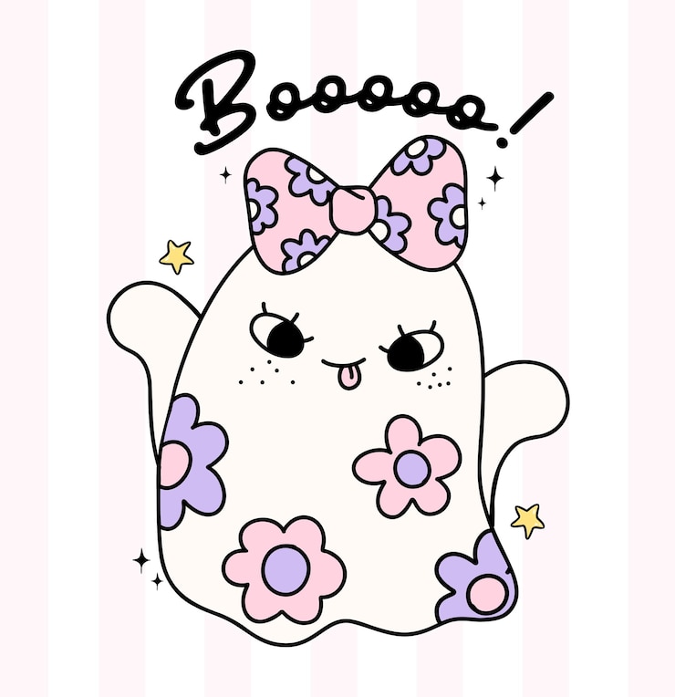 Vettore cute pastel halloween floreale ghost boo groovy retro coquette spooky cartoon doodle personaggio