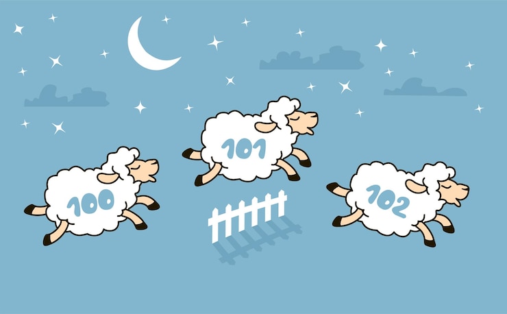 Vettore cute pecore dei cartoni animati stanno saltando la recinzione contando pecore per l'insonnia buona notte cielo notturno