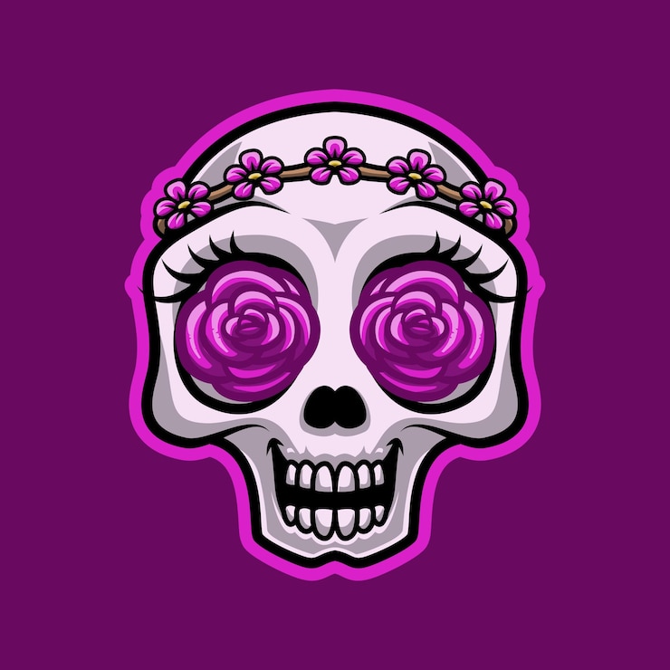 Vettore cute skull head in love with rose eyes mascot vector illustration è perfetto per il tuo marchio