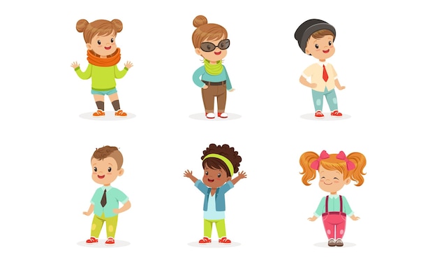Cuti Adorable Kids Set Happy Preschool Children Dressed Bright Casual Clothes Illustrazione vettoriale di cartoni animati