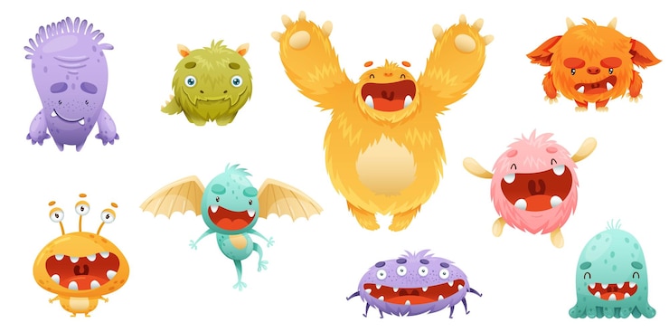Vettore cuti mostri colorati personaggi set mutanti denti e soffici con facce amichevoli divertenti cartone animato