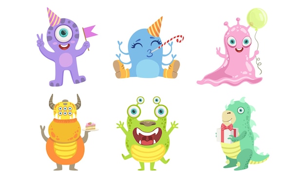 Cutie mostri colorati Set divertenti personaggi mutanti amichevoli Illustrazione vettoriale