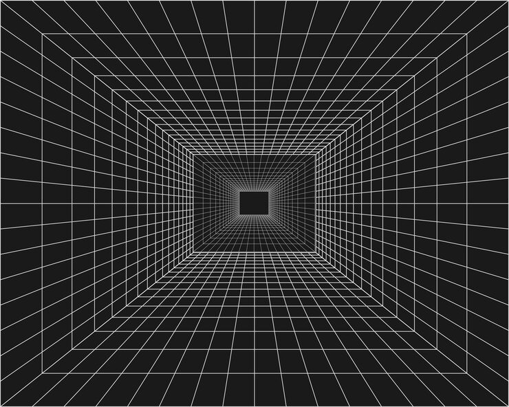Vettore cyber grid retrò punk prospettiva tunnel rettangolare griglia tunnel geometria su sfondo nero illustrazione vettoriale