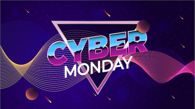 Cyber Monday, concetto di shopping e marketing online. illustrazione. Pianeti su uno sfondo di spazio al neon