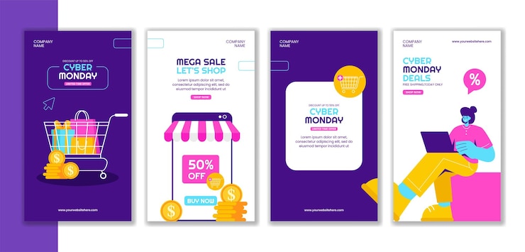 Vettore cyber monday sales event flat cartoon style storie sui social media sullo sfondo