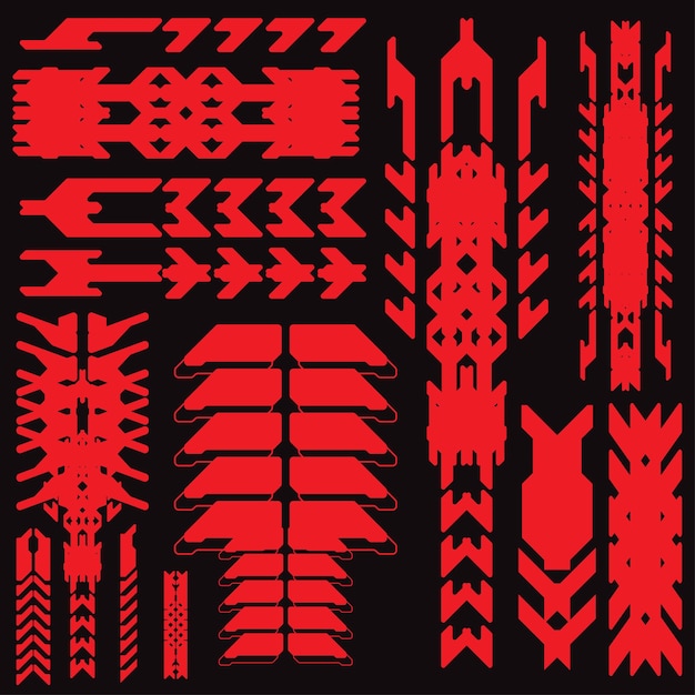 Cyberpunk y2k 2000 Gaming Futuristic Icon Pattern Set Collection Template HUD per il branding Decorazione di magliette di moda Decals 2D Illustrazione Vettore di rendering