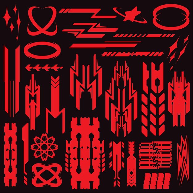 Cyberpunk y2k 2000 Gaming Futuristic Icon Pattern Set Collection Template HUD per il marchio Decorazione di magliette di moda Decals 2D Illustrazione Rendering Vector