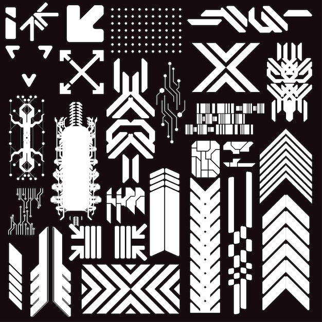 Cyberpunk y2k 2000 Gaming Futuristic Icon Pattern Set Collection Template HUD per il marchio Decorazione di magliette di moda Decals 2D Illustrazione Rendering Vector