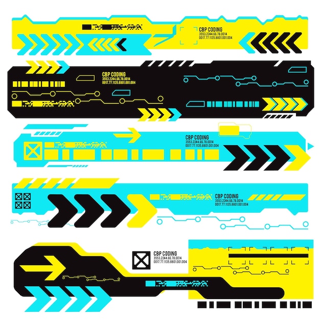 Cyberpunk y2k 2000 Gaming Futuristic Icon Pattern Set Collection Template HUD per il marchio Decorazione di magliette di moda Decals 2D Illustrazione Rendering Vector