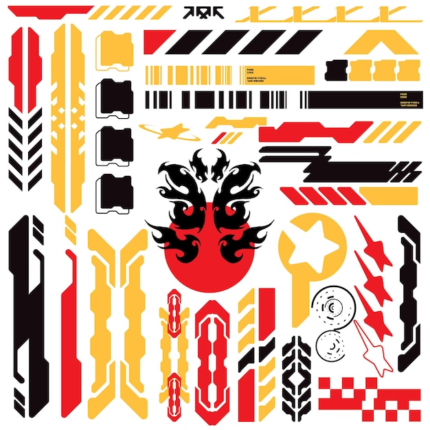 Cyberpunk y2k 2000 Gaming Futuristic Icon Pattern Set Collection Template HUD per il marchio Decorazione di magliette di moda Decals 2D Illustrazione Rendering Vector