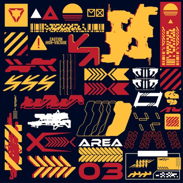 Cyberpunk y2k 2000 Gaming Futuristic Icon Pattern Set Collection Template HUD per il marchio Decorazione di magliette di moda Decals 2D Illustrazione Rendering Vector