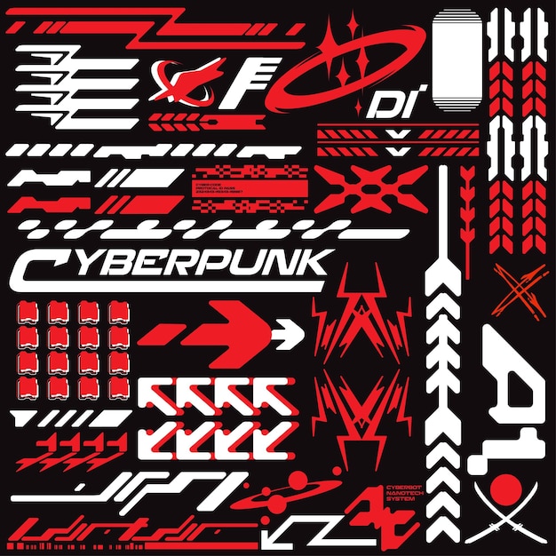 Cyberpunk y2k 2000 Gaming Futuristic Icon Pattern Set Collection Template HUD per il marchio Decorazione di magliette di moda Decals 2D Illustrazione Rendering Vector