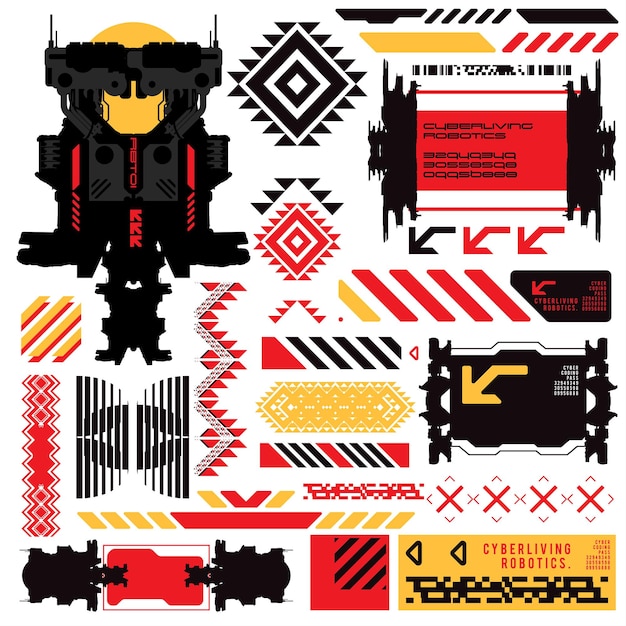 Cyberpunk y2k 2000s Gaming Futuristic Icon Pattern Set Collection Template HUD per il branding della moda