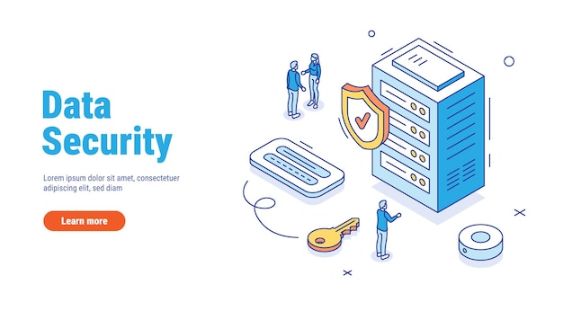Cybersecurity e concetto di archiviazione dei dati con i caratteri Archiviazione sicura dei dati su un server